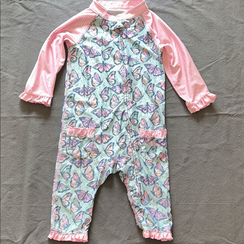 UV Skinz Toddler Swimsuit with Butterfly Print and Pink Sleeves